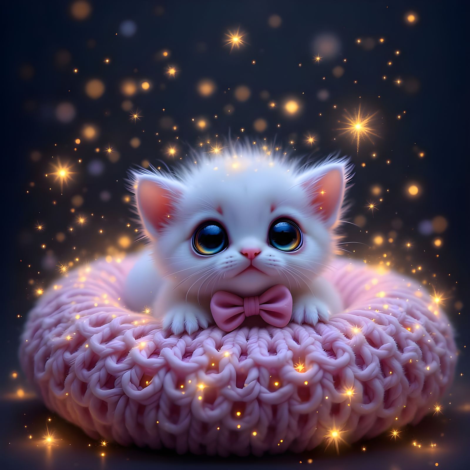 Cute Fluffy Kitten in Crochet Cushion with Fireflies
