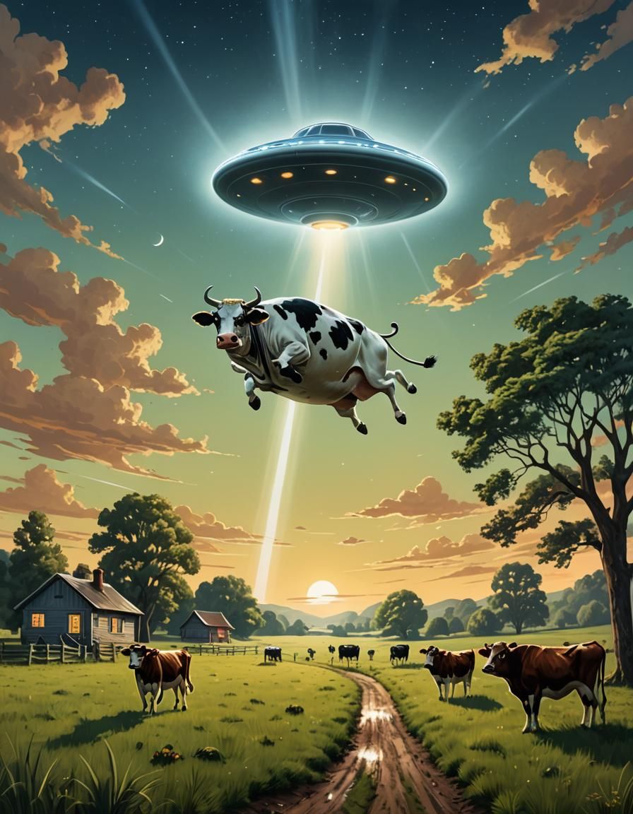 Rural Landscape UFO Abduction in Realistic Style