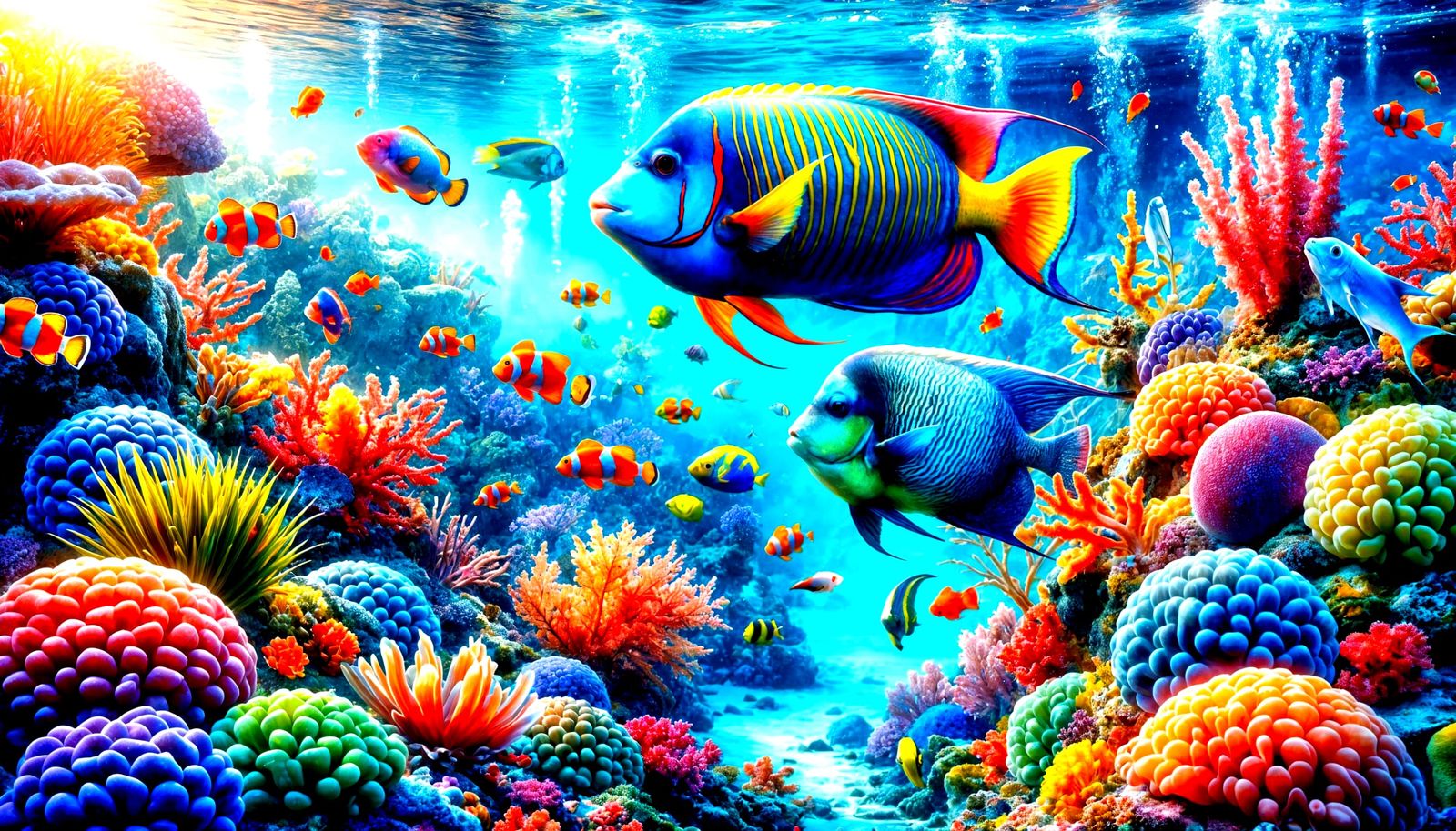 Underwater beauty. Colorful beautiful tropical fish swim amidst colorful corals and clear water.