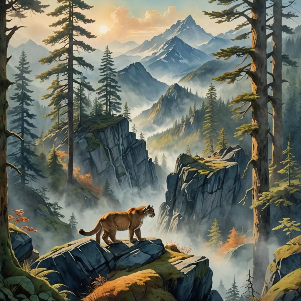 Fantastical Cougar in Misty Mountains