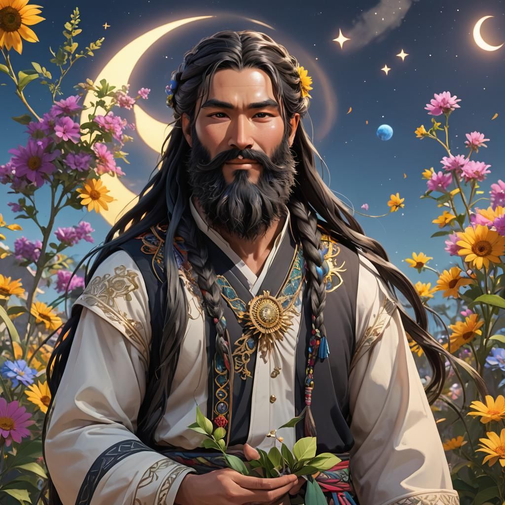 Surreal Anime Man Stares Up at Dual Celestial Bodies with a....