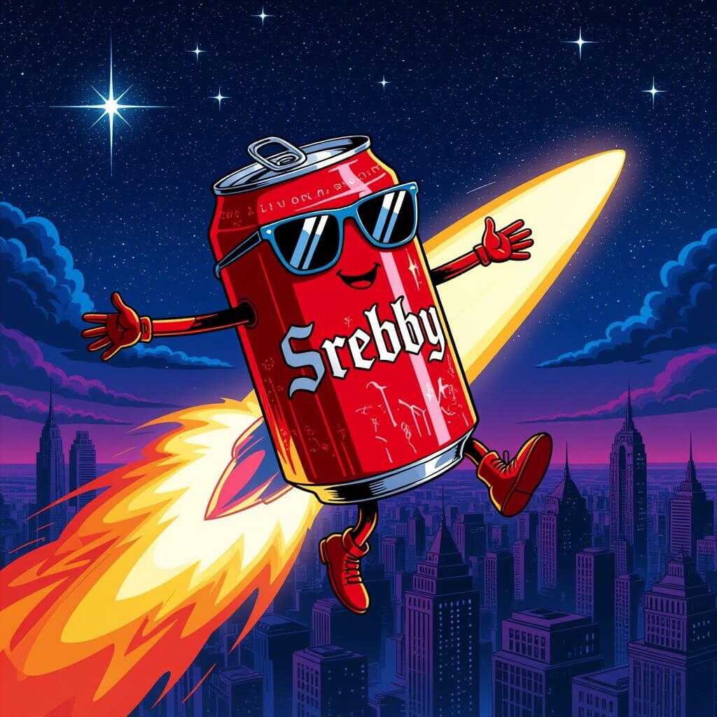 Soda Can with Sunglasses Rides Comet Over City