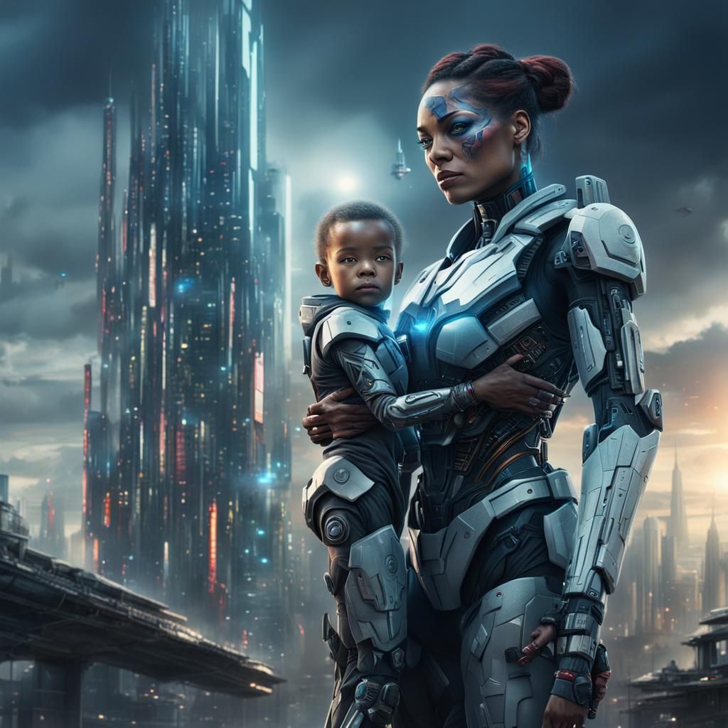 Cyborg Mother and Child in Futuristic Metropolis