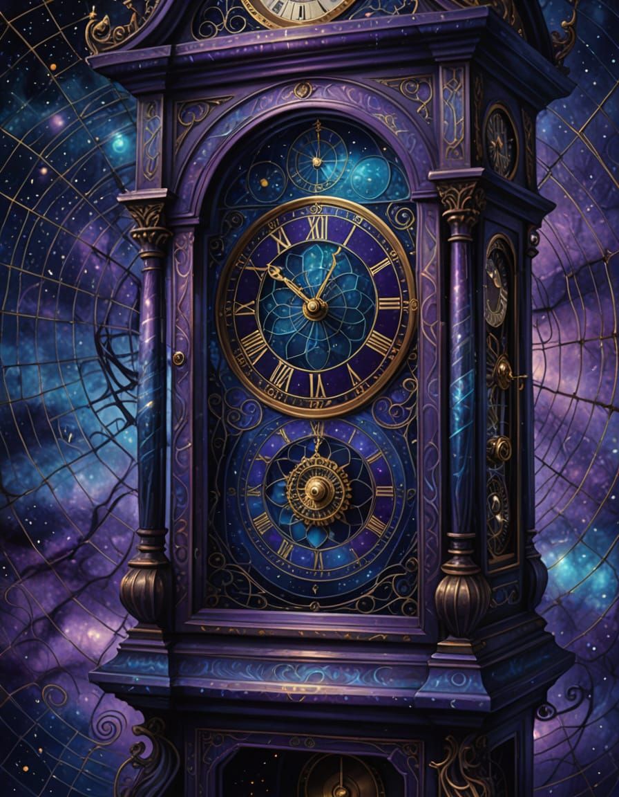 Cosmic Grandfather Clock Woven From Ethereal Spider Silk