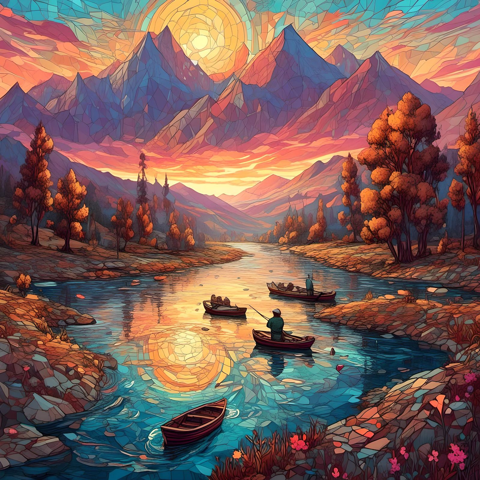 River Landscape with Sunset and Fishing Boats in Mosaic Styl...
