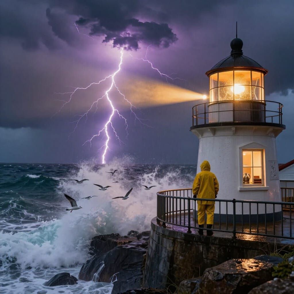 Lighthouse Keeper Braving Storm in Hyper-Realistic Style