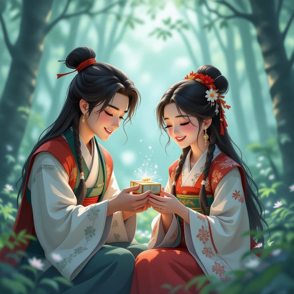 Villager Finds Gift in Misty Forest, Dreamlike Illustration