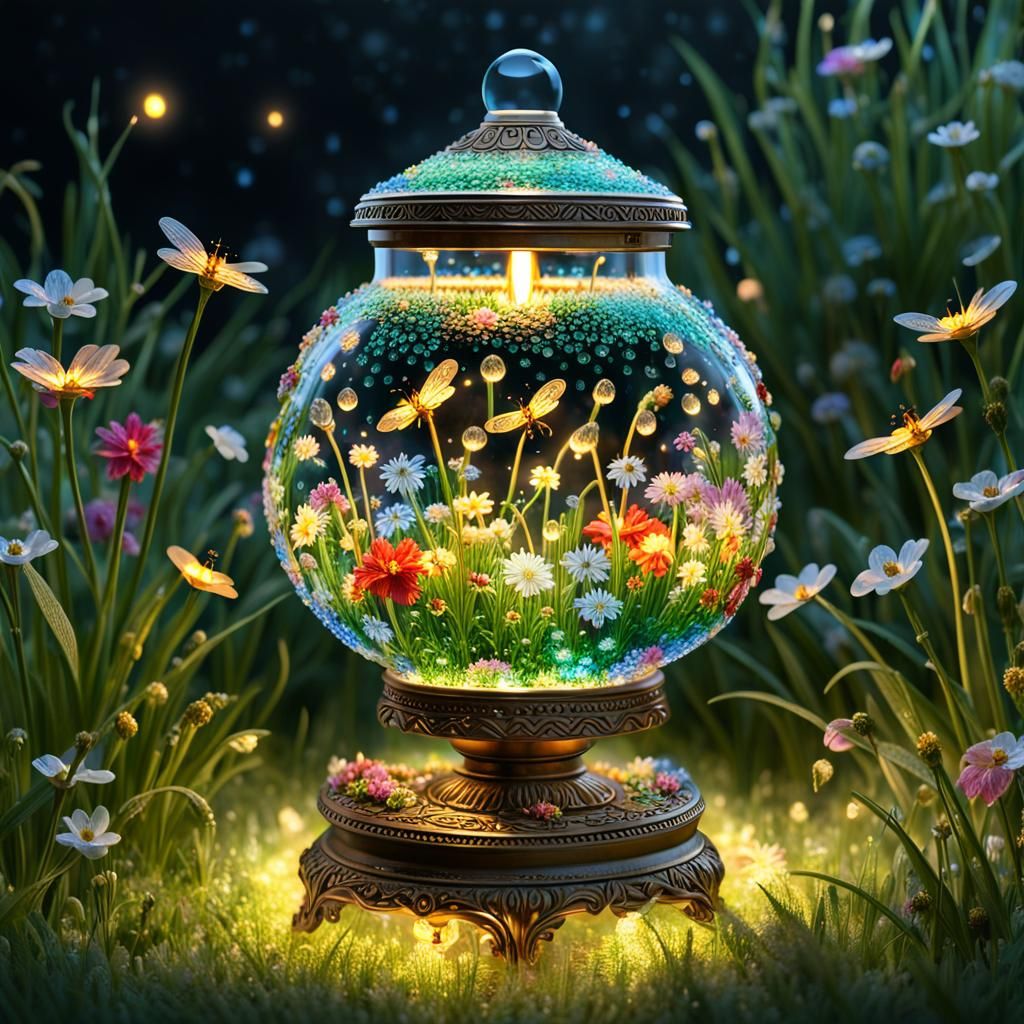 Glass Oil Lamp Shines with Delicate Miniature Garden