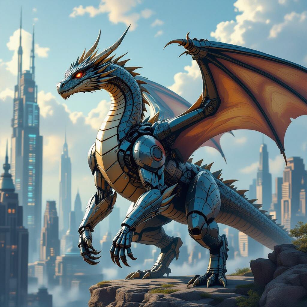 Dragon Robot Transformation in Futuristic Cityscape