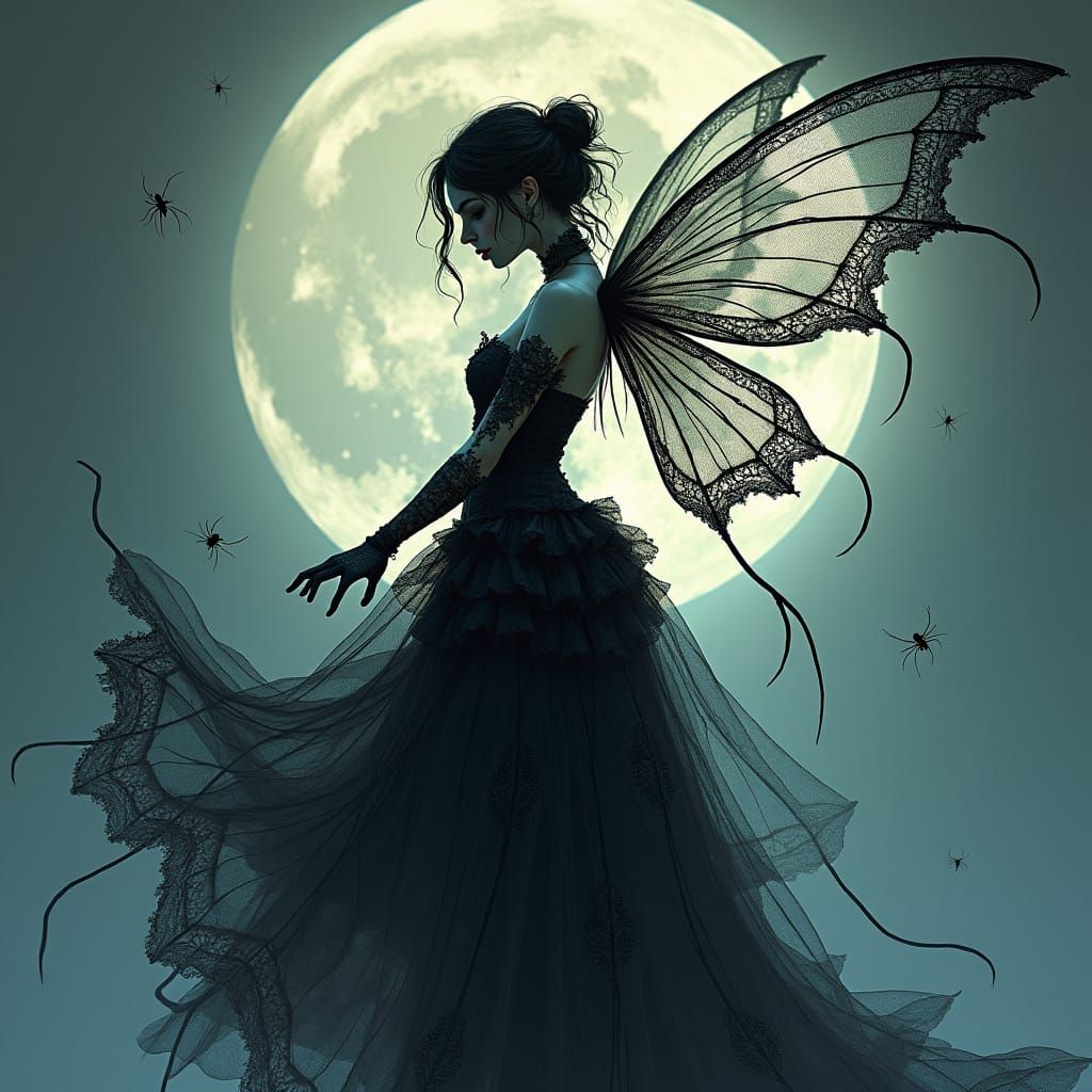 Gothic Fairy in Spiderweb Dress: Dark Fantasy Art