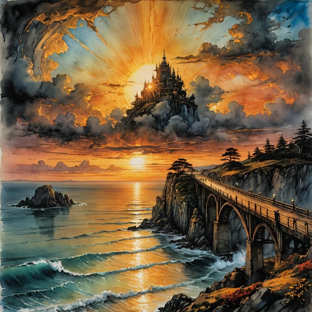 Epic Sunset Landscape: Golden Hour Wood Bridge in Clouds