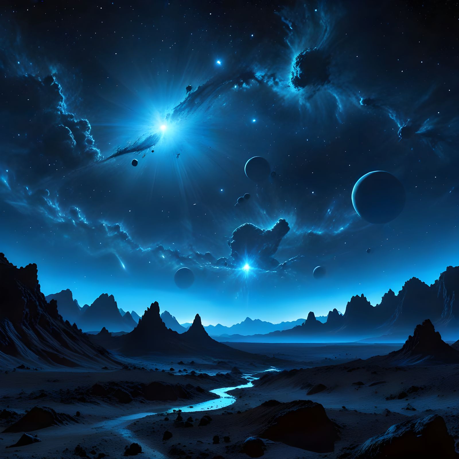 Nebula Over Alien Planet at Twilight