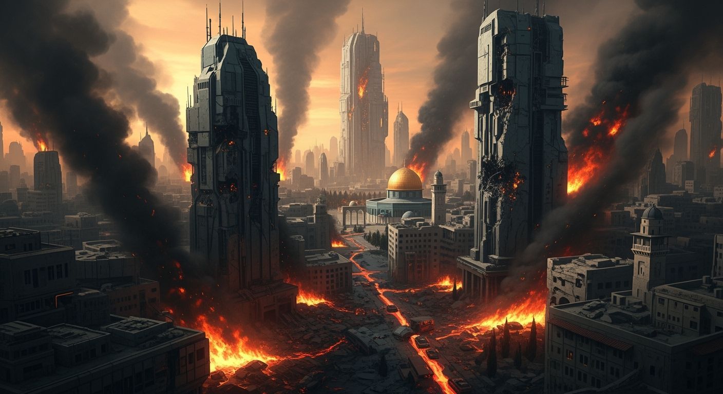 Burning Israel Cityscape in Sci-Fi Style