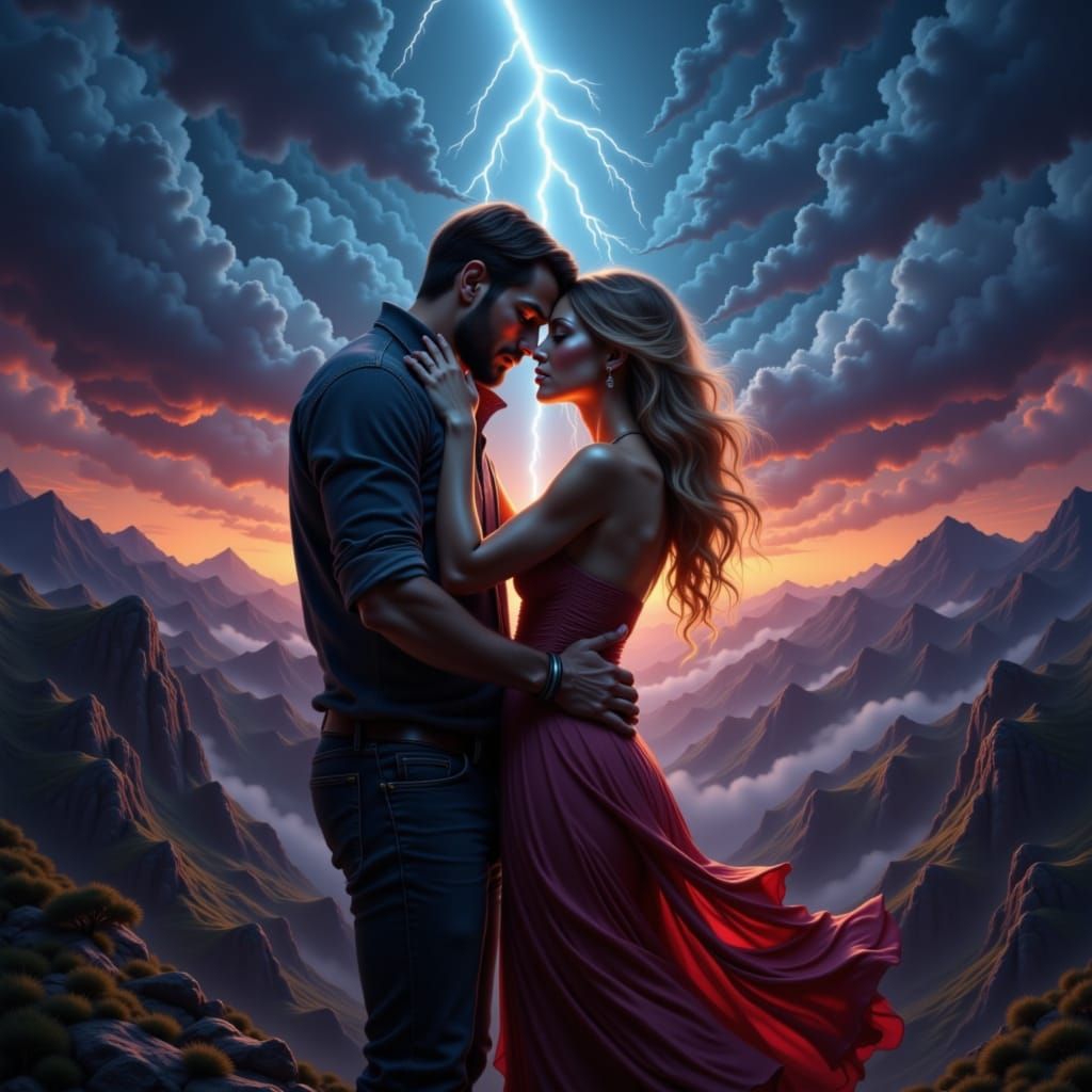 Passionate Embrace Under Stormy Sky