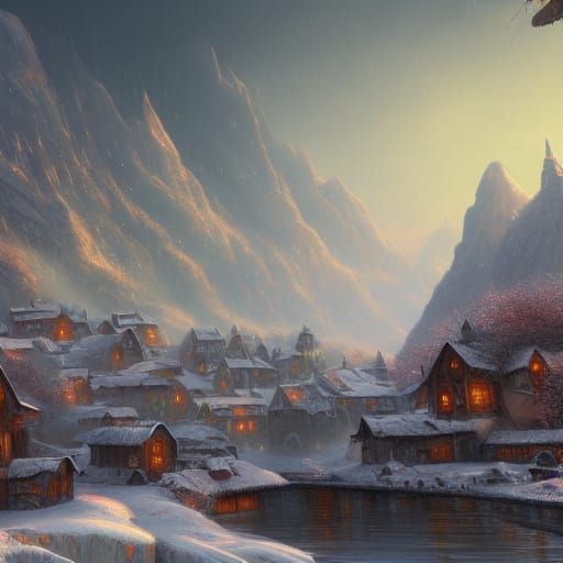 Fantastical Winter Village in a Snowy Valley