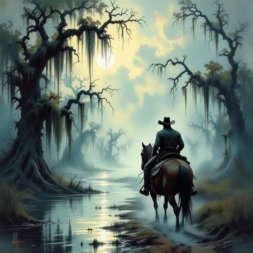 Cowboy in Eerie Marshlands of Texas, Dramatic Landscape