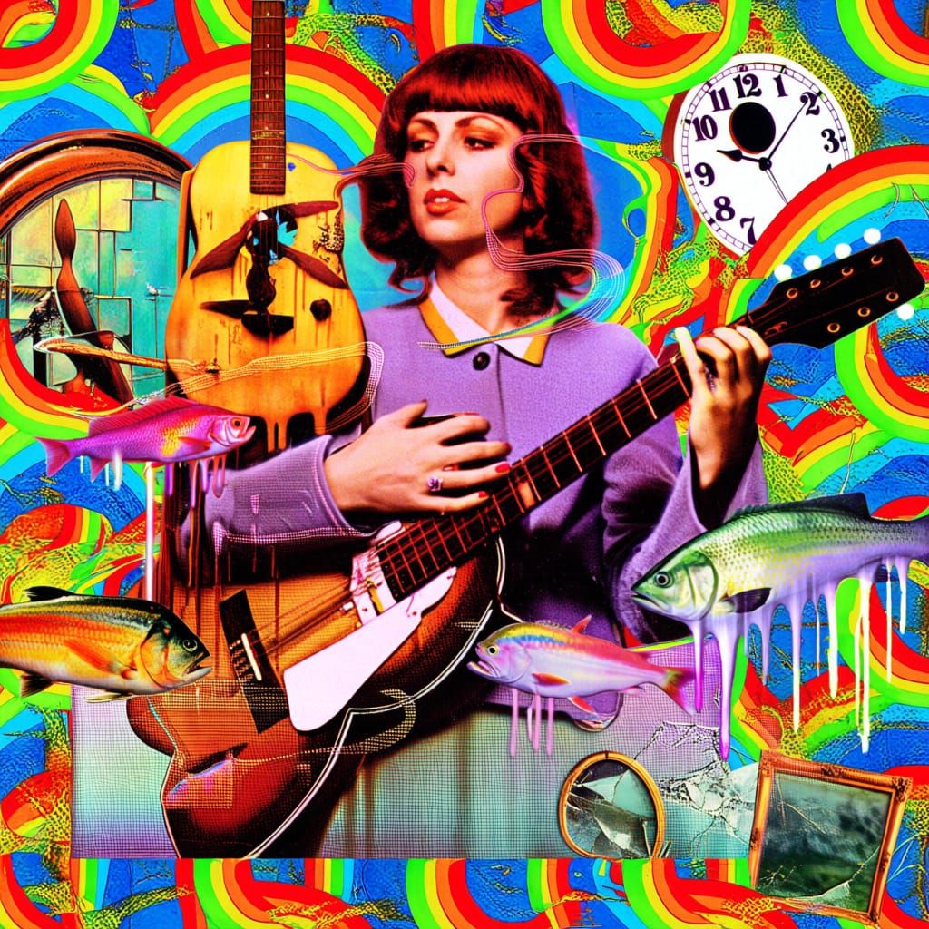 Psychedelic Collage of Woman Playing Guitar Amidst Surreal E...