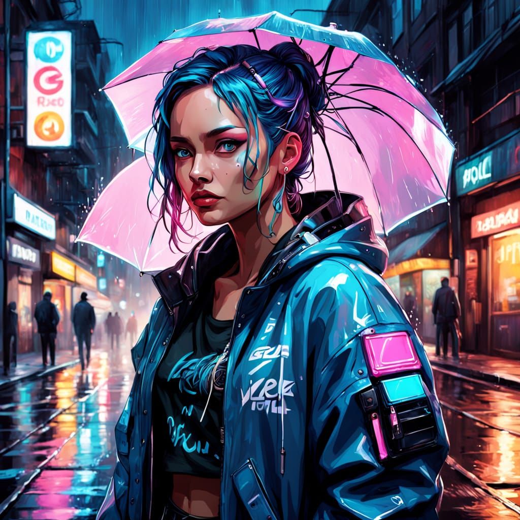 Una mujer hermosa de estilo ciberpunk caminando de frente por una calle iluminada con luces de neón, su figura curvilíne...