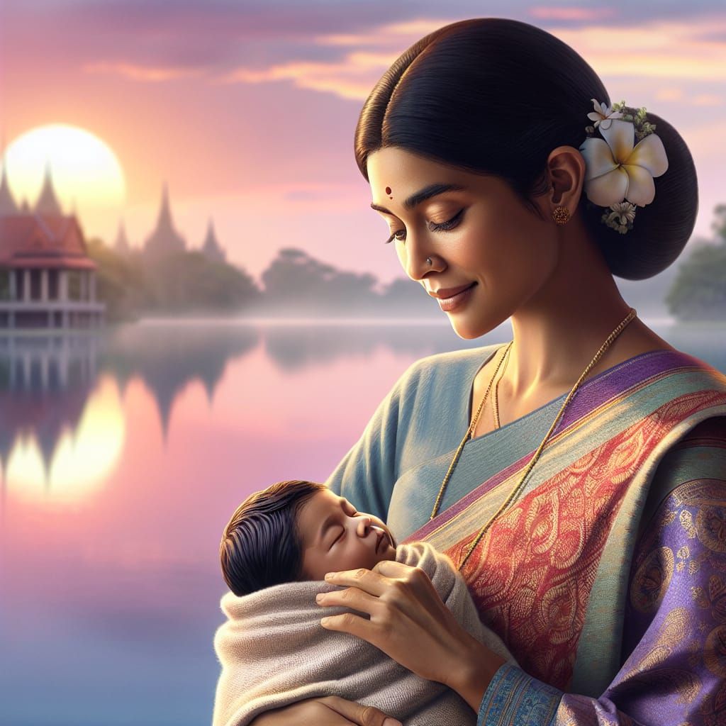 South Asian Mother Tenderly Holds Newborn Baby Over Serene L...