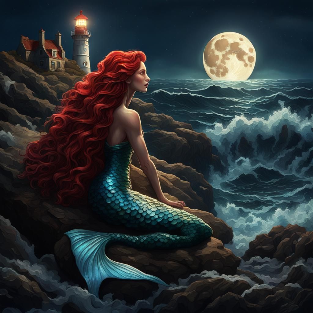 Surreal Mermaid in Antique Lighthouse Scene, Nighttime Fanta...