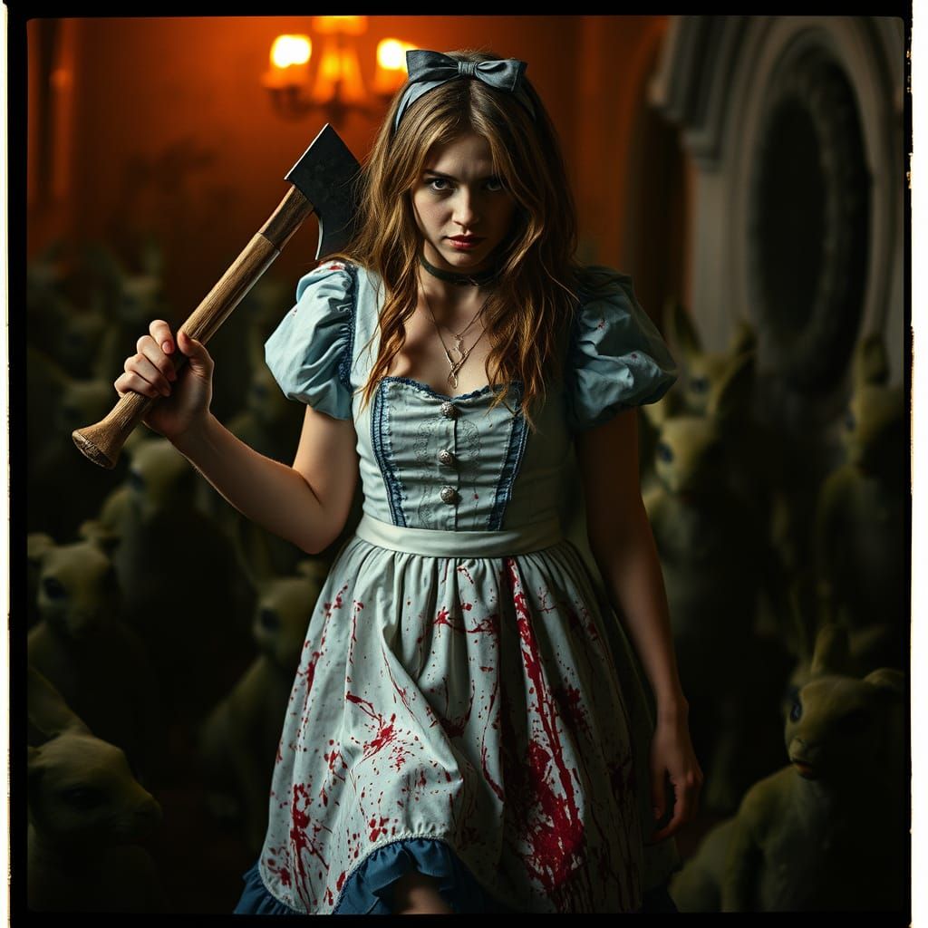 Alice and Zombie Rabbits in Dark Cinematic Style