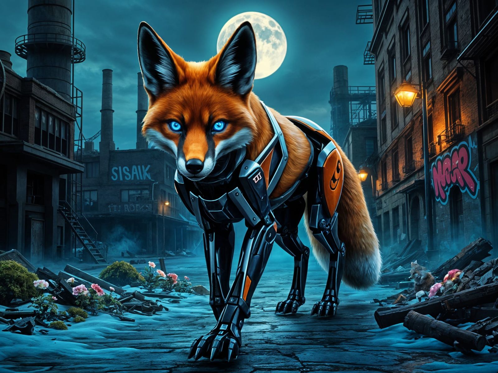 Cybernetic Fox Strolls Through a Dystopian Urban Landscape