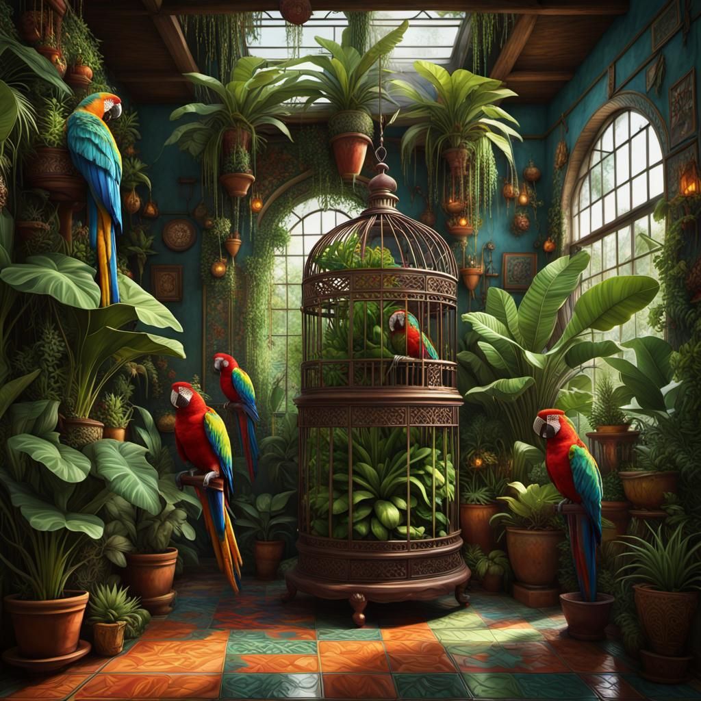 Lush Houseplant Interior with Parrot, Abstract Art