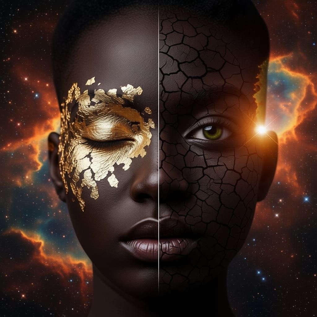 Dual-Faced Woman Portrait in Stellar Nebula