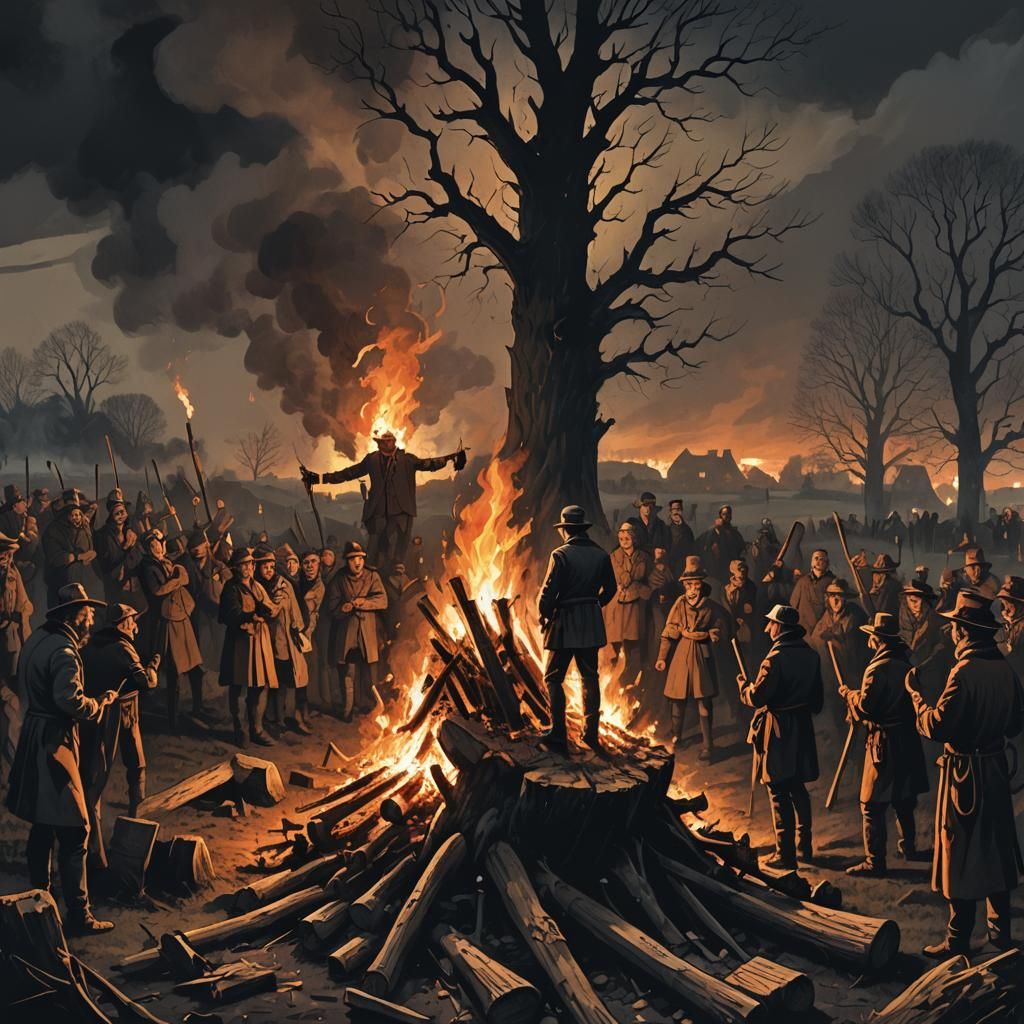 Rural Protesters Gather Around a Fiery Bonfire in 1830s Engl...