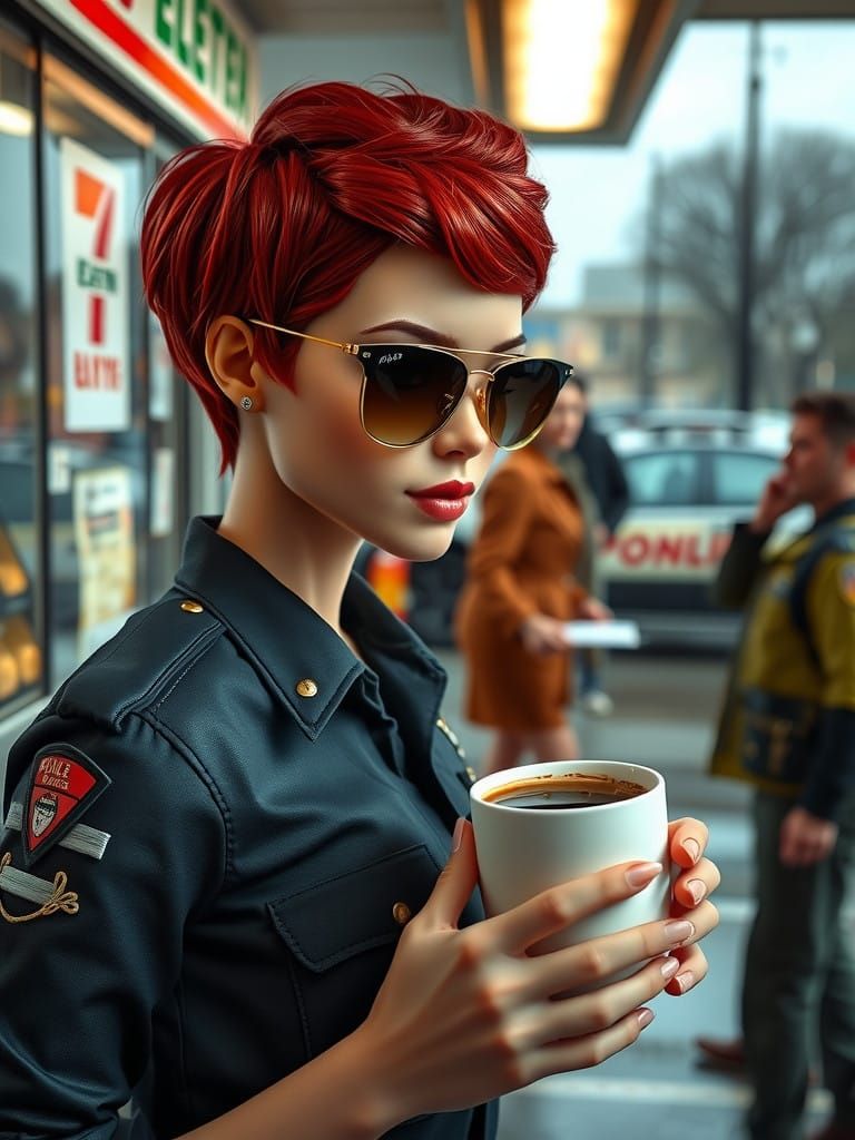 Hyperrealistic Female Police Officer in 7-Eleven Store