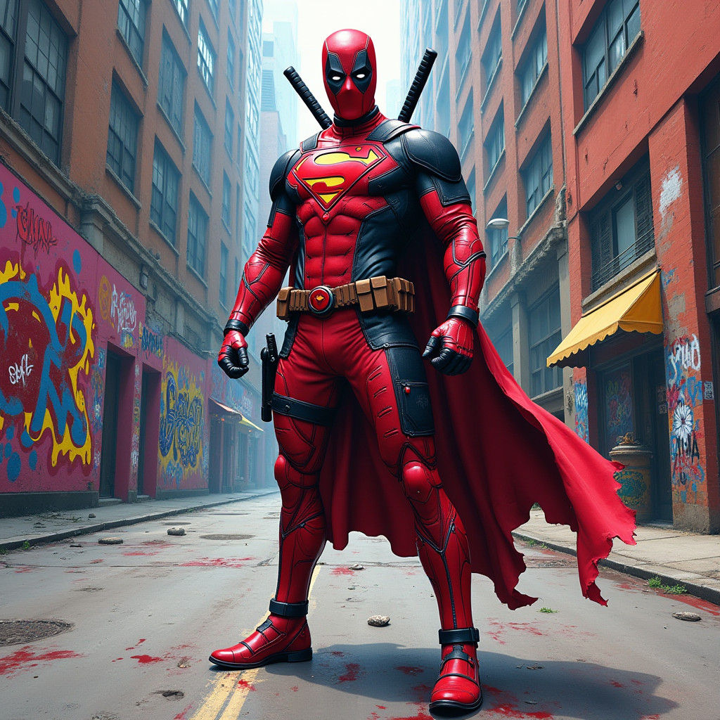 Deadpool in Vibrant Superman Mashup Graffiti Art