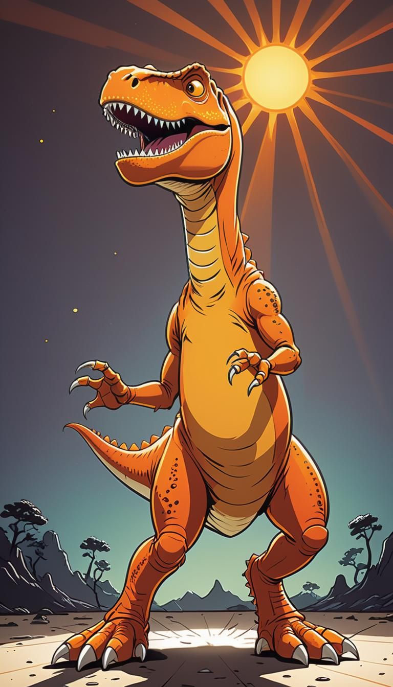 Vibrant Ink Cartoon Poster of Happy Orange T-Rex in Spotligh...