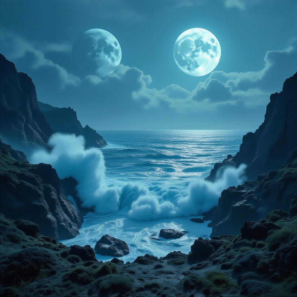 Dramatic Alien Seascape with Twin Moons