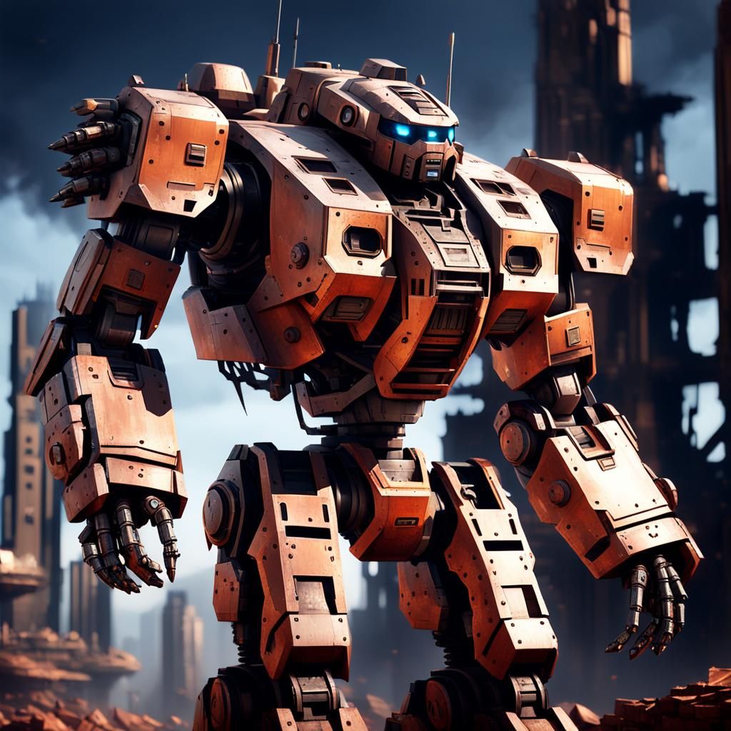 Industrial Sci-Fi Mech Standing in Ruined Cityscape