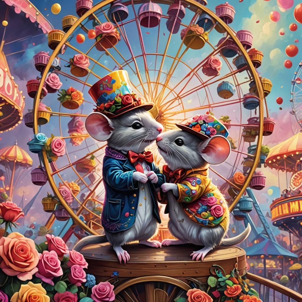Vibrant Mice on a Whimsical Ferris Wheel in Pastel Hues