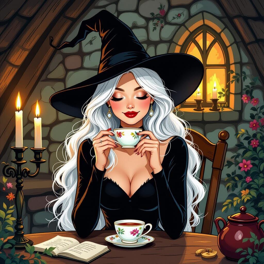 Cute Witch Enjoys Tea in Cozy Cottage