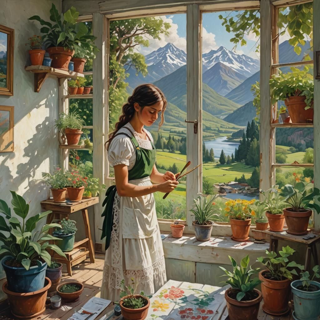 Bohemian Artist Paints Self Portrait in Whimsical Art Studio