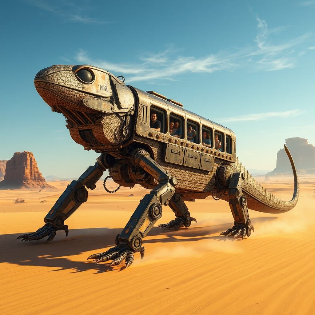 Futuristic Lizard Bus Conquers Sunlit Desert Landscape in Cy...