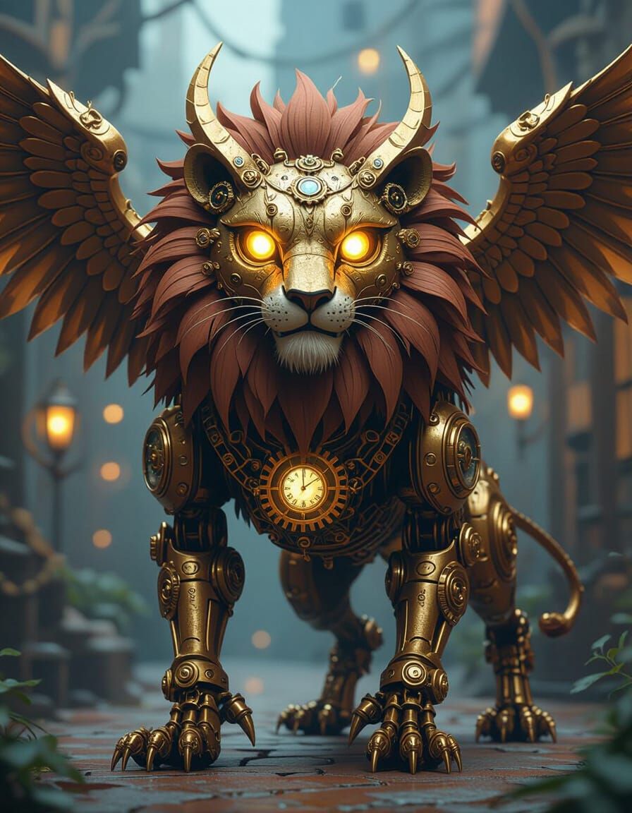 Steampunk Lion Hybrid with Clockwork Wings