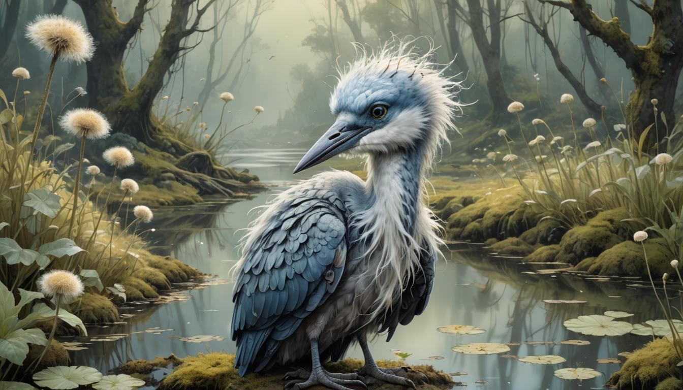 Pastel Heron Humanoid in Jean-Baptiste Monge Style