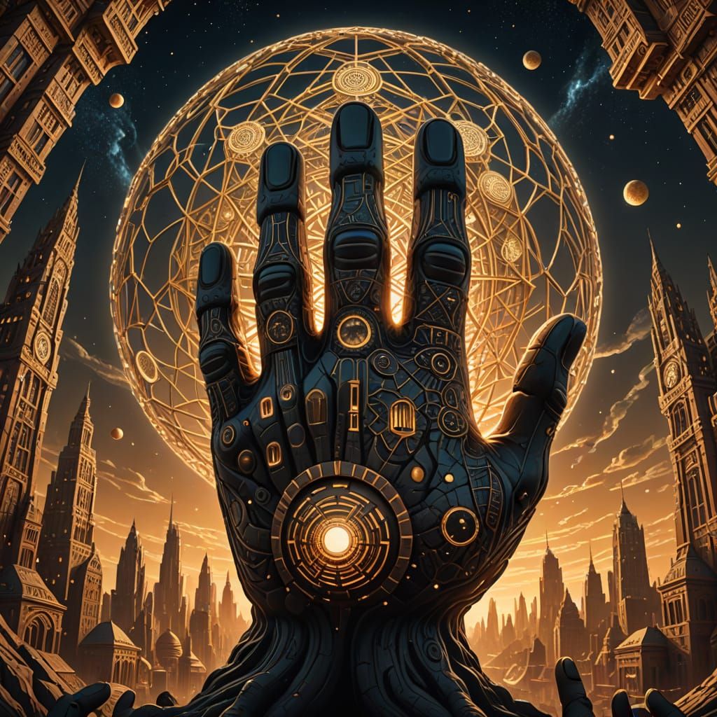 Colossal Hands Holding Geometric City in Surreal Digital Art