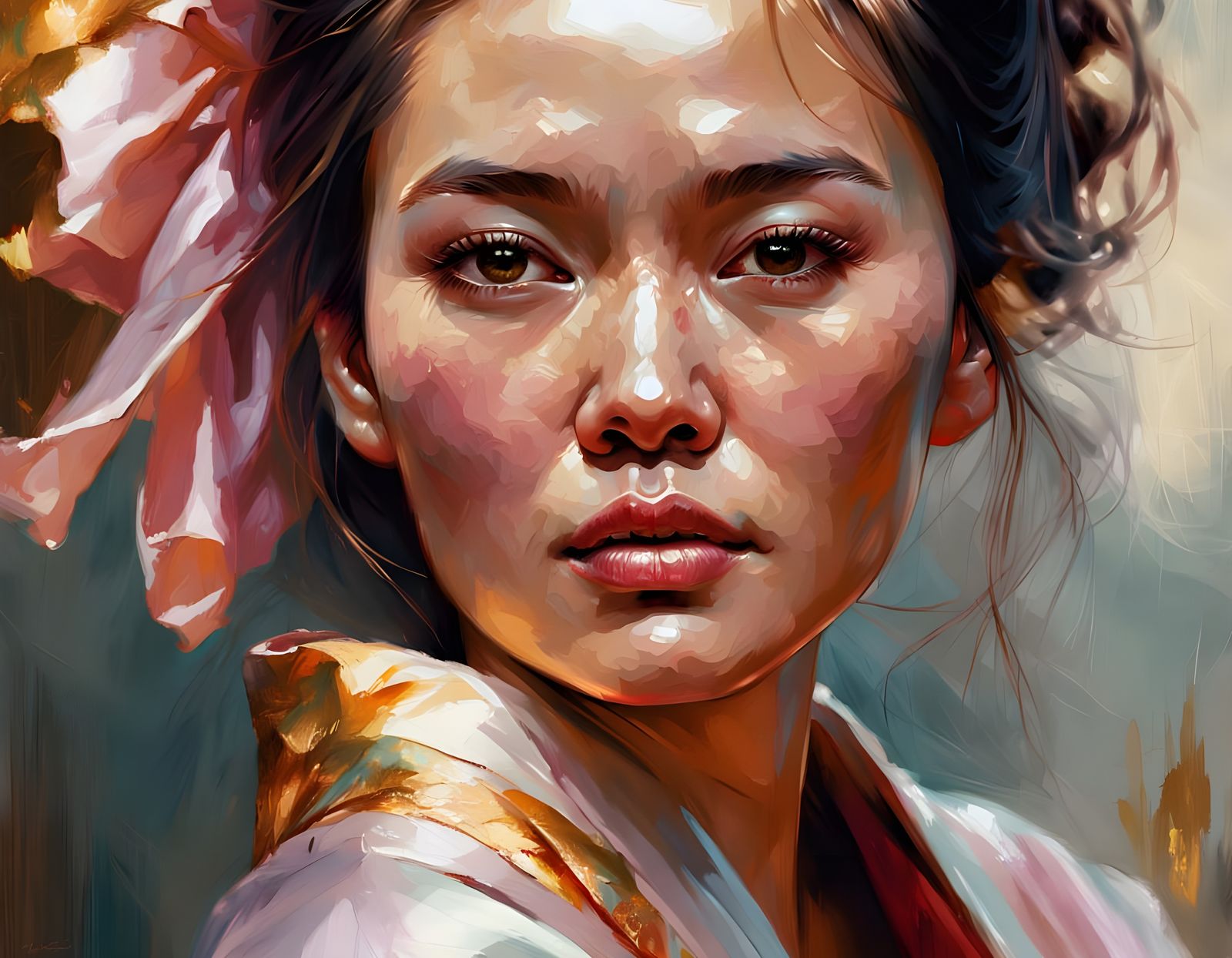 Filipino Woman in Flowing Silk Robe, Embarrassed Expression