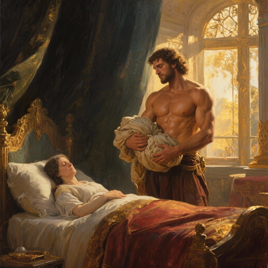 Theseus Holds Newborn in Classical Oil Painting Style