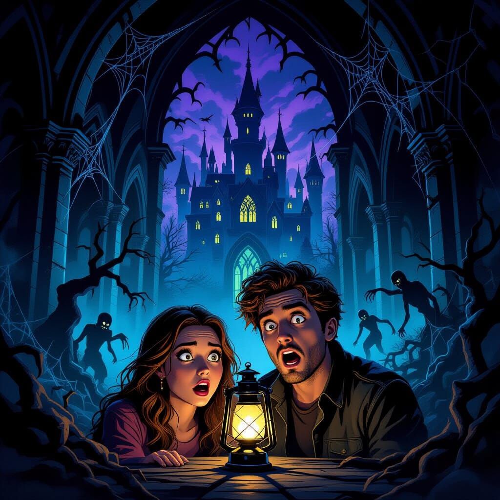 Couple's Fear in Gothic Castle Hall by Lantern Light