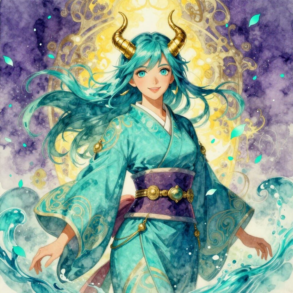 Turquoise Woman with Golden Horns in Watercolor Style