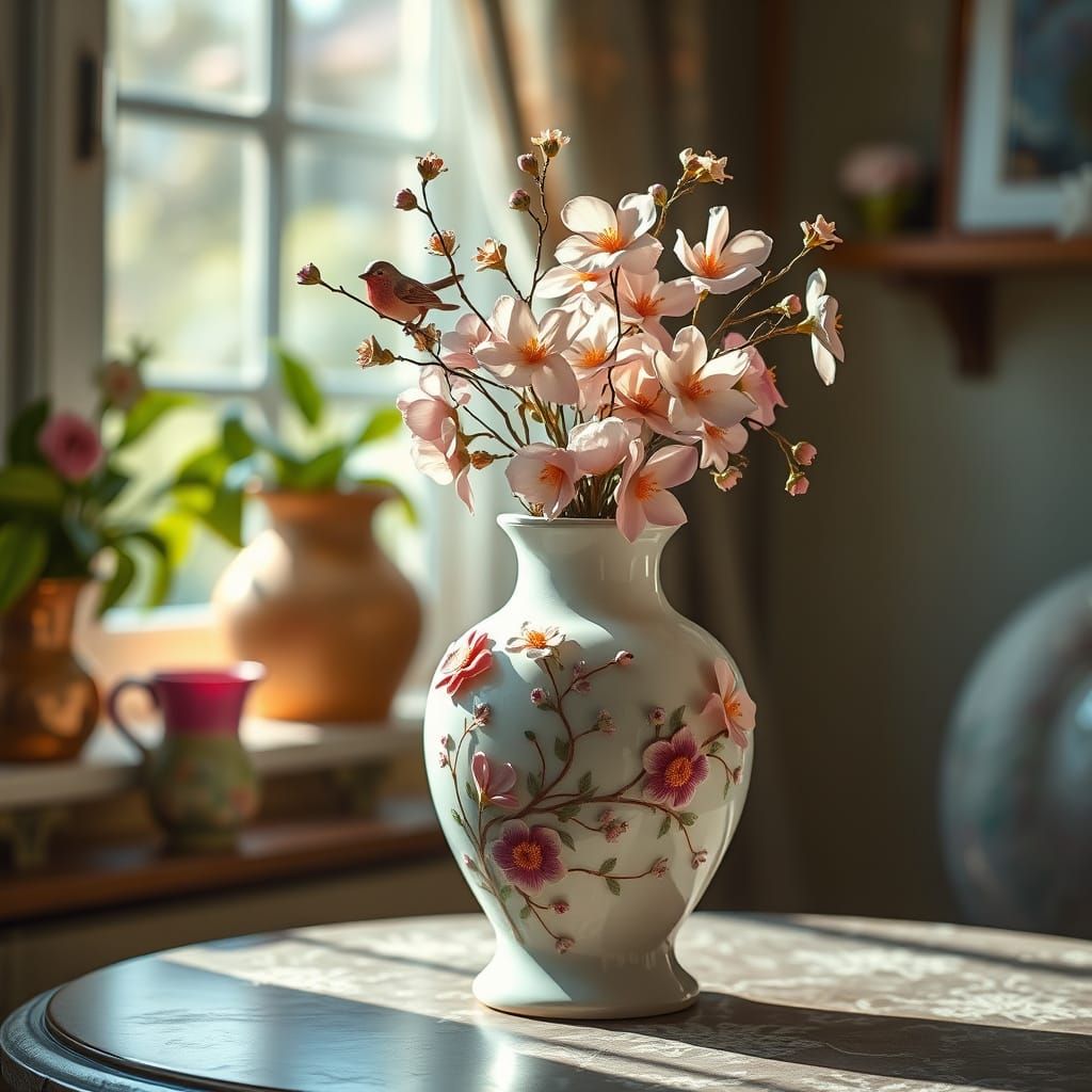 Impressionistic Ceramic Vase with Flowers and Birds