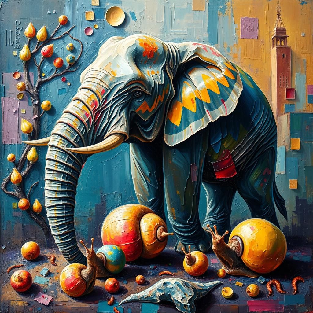 Ethereal Elephant Landscape in Neo-Impressionist Oil Paintin...