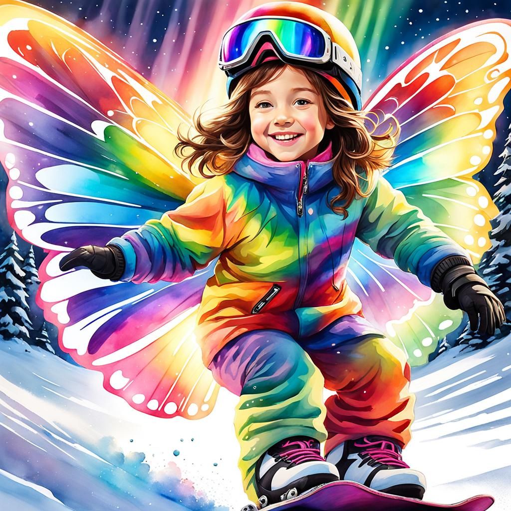 little girl snowboarding at night wearing light up wearable rainbow butterfly wings, beautiful light, masterpiece, feeli...