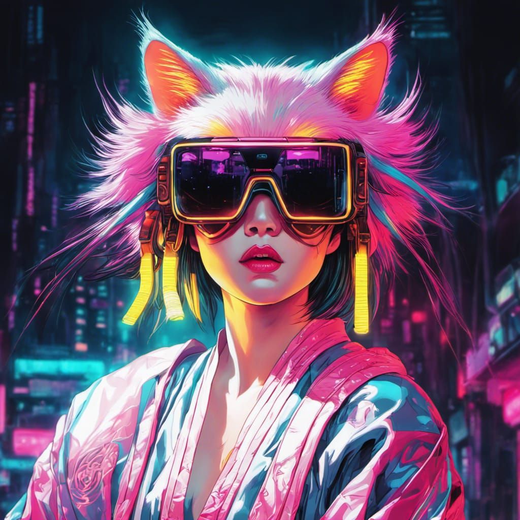 Cyberpunk Asian Neko Yokai in Vibrant Neon Retro Style