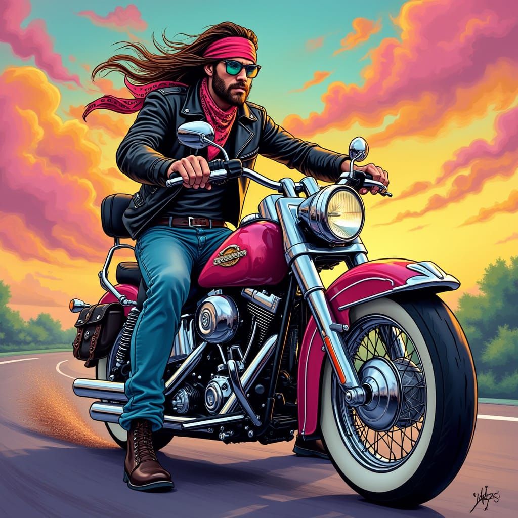 Biker on 1963 Harley Davidson in Vibrant Lisa Frank Style